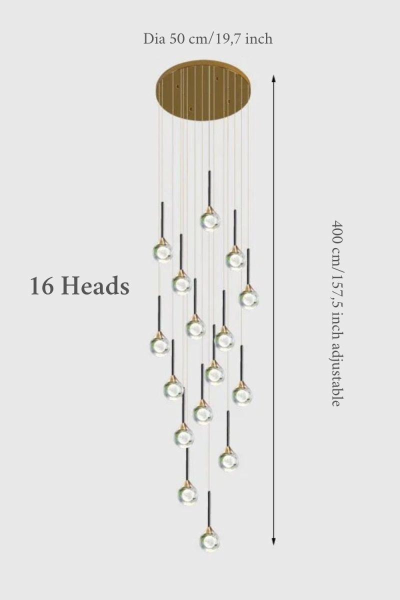 MIRODEMI® Peillon | Gold Crystal Raindrop Glass Ball Chandelier 16 heads / Warm light