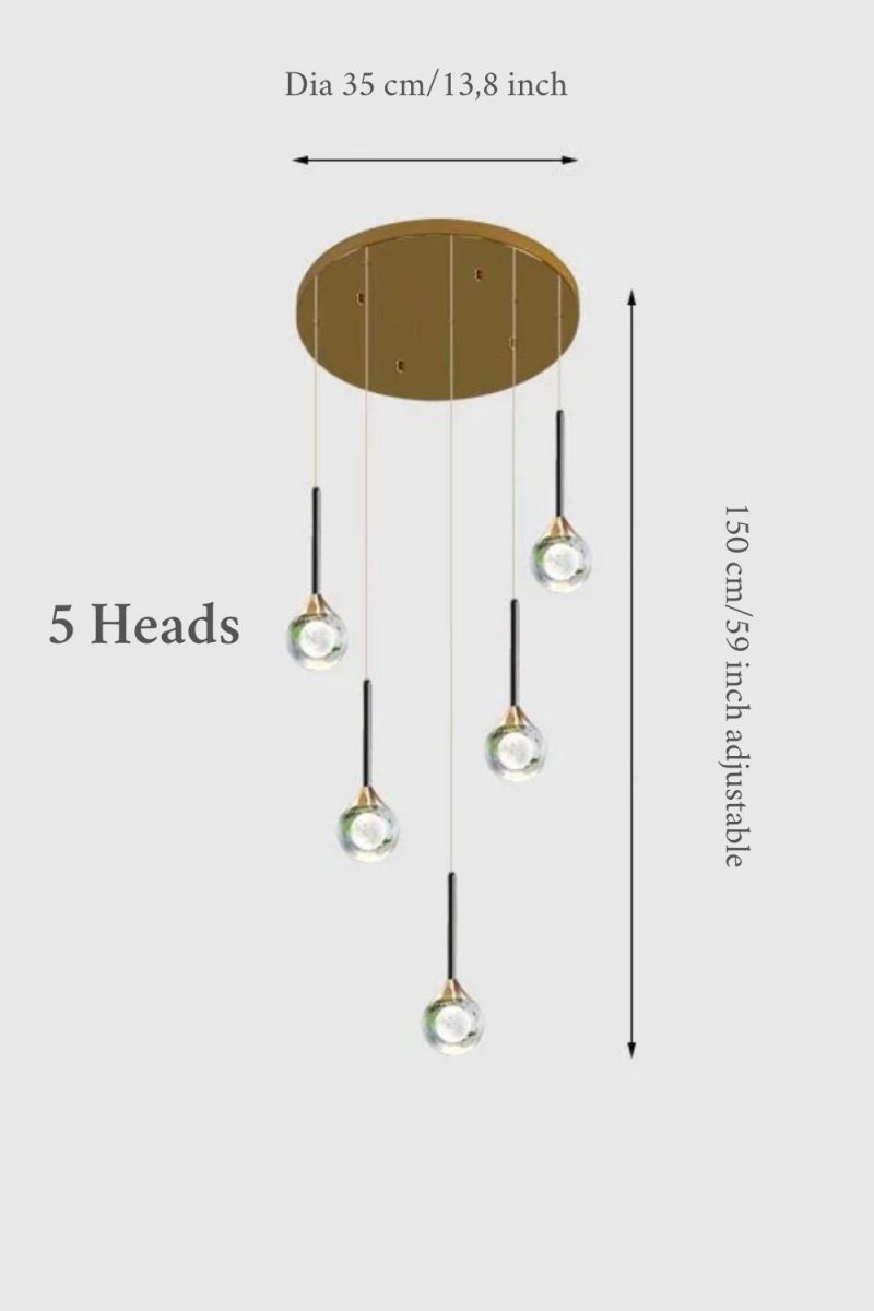 MIRODEMI® Peillon | Gold Crystal Raindrop Glass Ball Chandelier 5 heads / Warm light