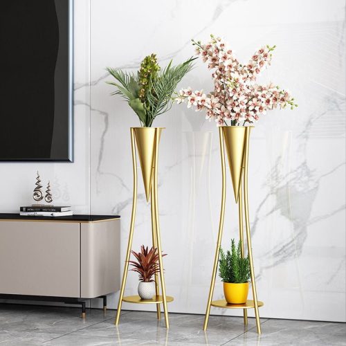 Indoor Golden Iron Decorative Plant Stand for Living Room, Balcony Gold / Dia7.9xH34.6