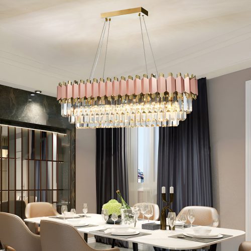 Abbasanta Luxury Gold Pink Rectangle Crystal LED Chandelier For Luxury House