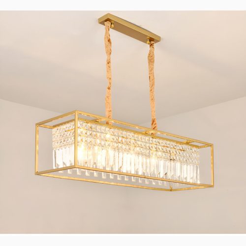 Agnosine Rectangle Crystal Golden Hanging LED Chandelier for Kitchen