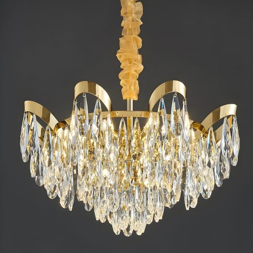 Aristocratic Gold Crystal Ceiling Chandelier Light On