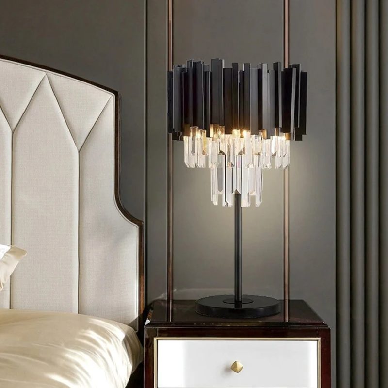 Art Deco Dimmable Black Clear Crystal Nightstand Lamp