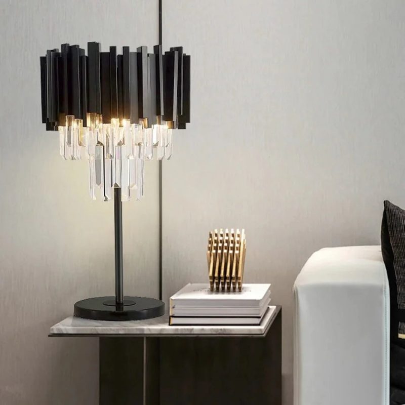 Art Deco Dimmable Black Crystal Nightstand Lamp