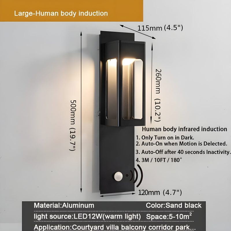 Black Outdoor Waterproof LED Aluminum Wall Light With Motion Mensor. Largejpg