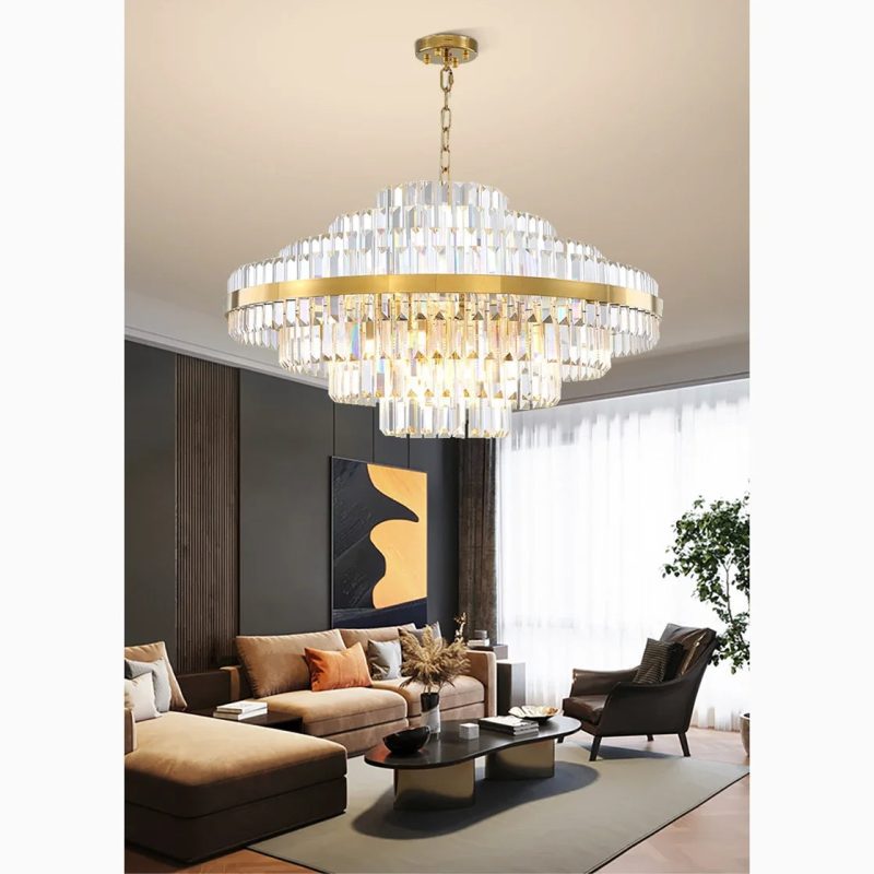 Calenzana Large Chic Hanging Crystal Chandelier Round Gold Pendant LED For Living Room For Dining Room