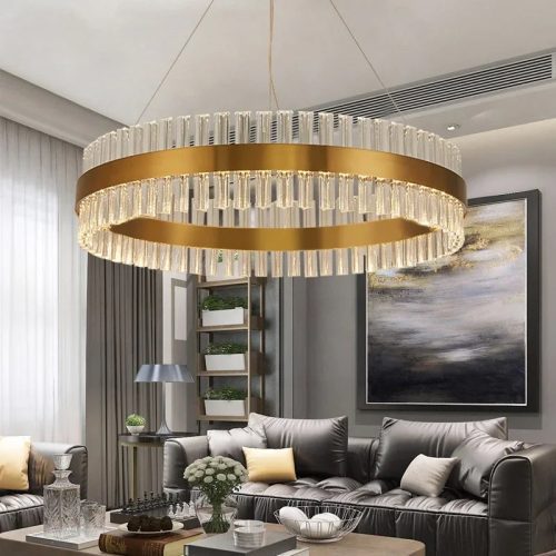 Contemporary Gold Round Crystal Chandelier Modern Hanging For Living Room