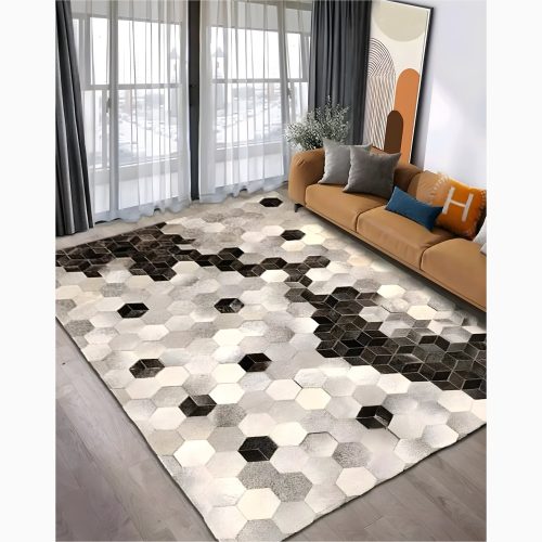 Creative Rectangular Cowhide Carpet with Hexagon Design for Home Decor