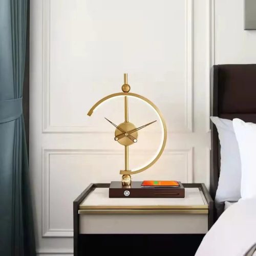 Elegant Gold LED Table Lamp With Clock And Wireless Charger For Bedroom