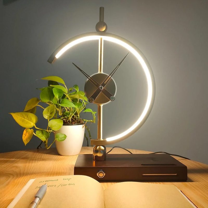 Gold LED Table Lamp With Clock And Wireless Charger