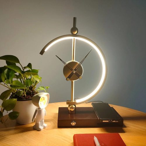 Gold LED Table Lamp With Clock And Wireless Charger For Dining Room