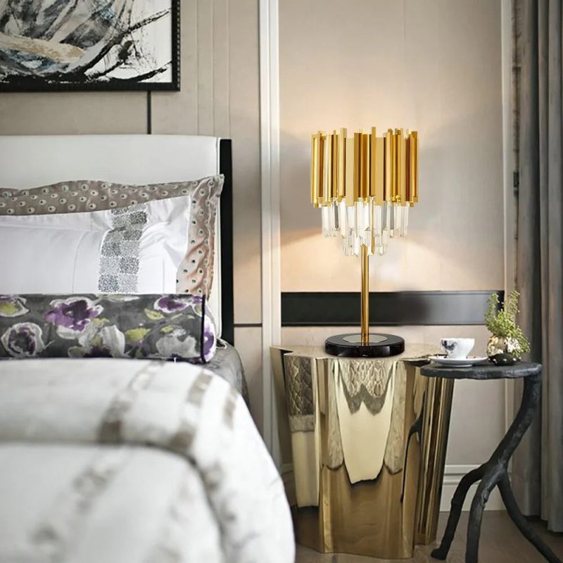 Gold Polished Steel Crystal Modern Nightstand Lamp For Bedroom