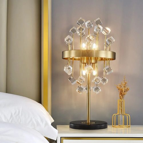 Gold|Stainless|Steel|Table|Lamp|Light|Accent|Luxury|Elegant|Crystal|Cube|Clear