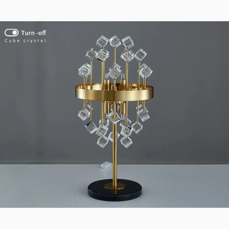 Gold Stainless Steel Cube Crystal Accent Table Light For Bedroom