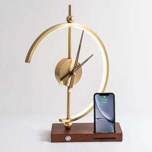 Gold Table Lamp With Clock And Wireless Charger For Cabinet