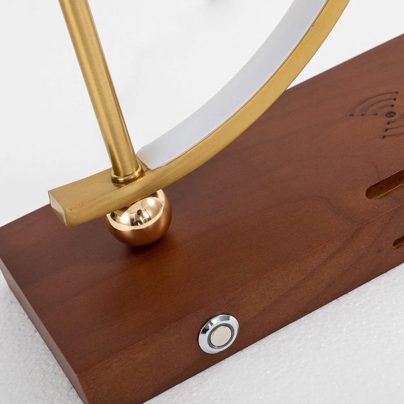 Gold Wood LED Table Lamp With Clock And Wireless Charger