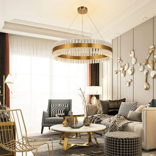 Hanging Gold Round Crystal Chandelier For Dining Room For Bedroom