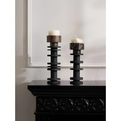 Large Pillar Brown Marble Black Travertine Candle Holder