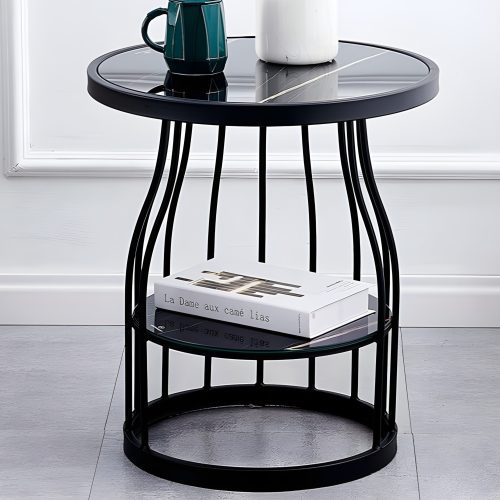 Luxury Tempered Glass Small Side Table with Iron Legs in Detail