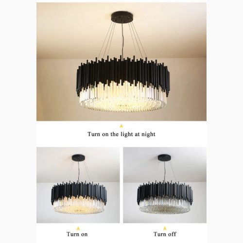 MIRODEMI Alghero Luxury Drum Black Crystal Hanging Chandelier for Bedroom Light On Off