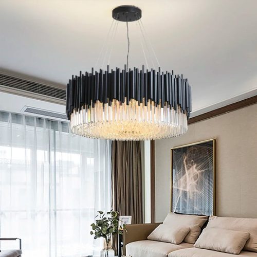 MIRODEMI Alghero Luxury Drum Black Crystal Hanging Chandelier for Room