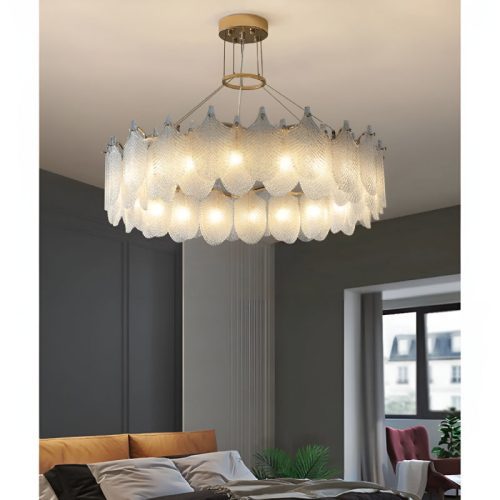 MIRODEMI Algua Round Gold Leaf White Frosted Chandelier for Elite Living Room