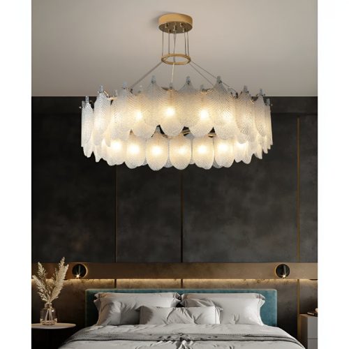 MIRODEMI Algua Round Leaf White Frosted Glass Chandelier for Living Room