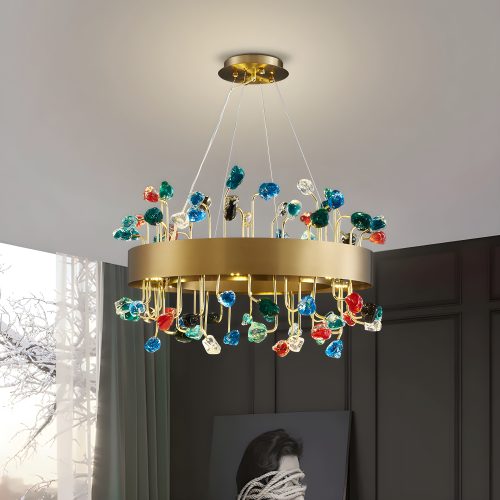 MIRODEMI Alpignano Gold Round Colorful Crystal Chandelier for Living room