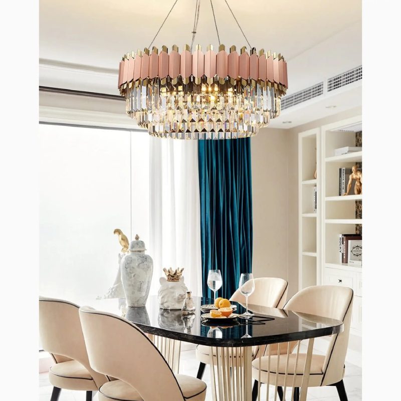 MIRODEMI Alseno Luxury Drum Gold Pink Round Crystal LED Chandelier For Dining Room