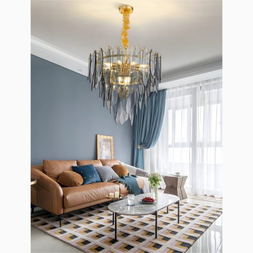 MIRODEMI Altavilla Irpina | Round Gold Frosted/Smoke Gray/Blue Crystal Chandelier for Cozy Home