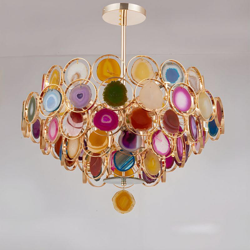 MIRODEMI Altavilla Milicia Gold Round Colorful Agate Stone Bohemian Style Chandelier for Living Room Turned Off