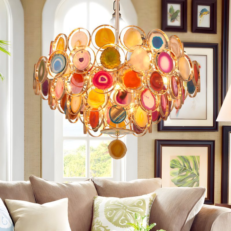 MIRODEMI Altavilla Milicia | Gold Round Colorful Agate Stone Bohemian Style Chandelier for Living Room