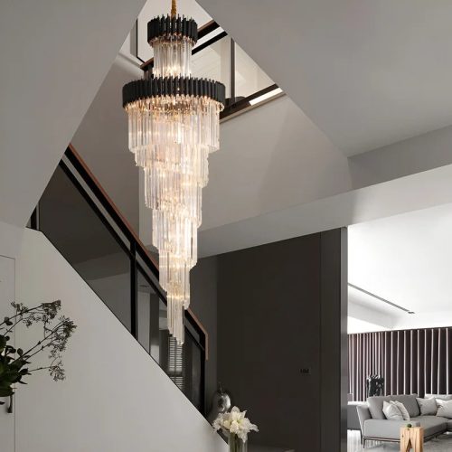 MIRODEMI Art Deco Black and Gold Crystal Chandelier for Hall and Staircase