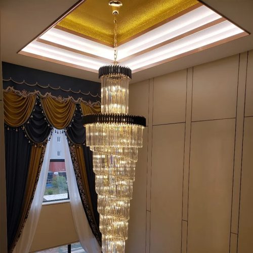 MIRODEMI Art Deco Black and Gold Crystal Chandelier for Lobby and Hall