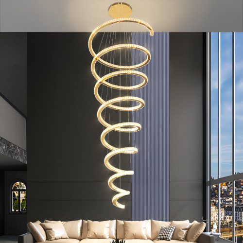 MIRODEMI La Penne Long Spiral Hanging Crystal Golden Chandelier for Living Room