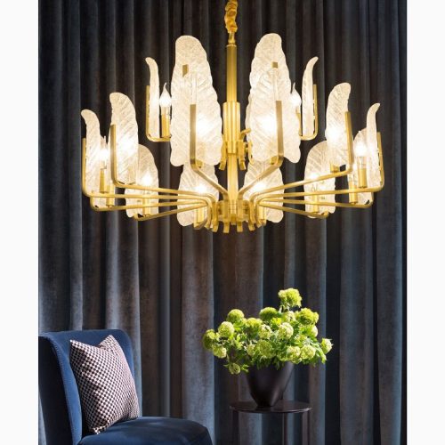 MIRODEMI Lyss Luxury Brass Chandelier with Leaves of Frosted Glass for Living Room