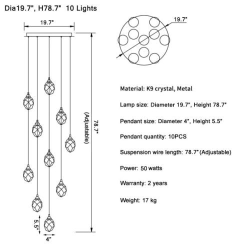 MIRODEMI Tremezzo Ten Crystals Spiral Chandelier