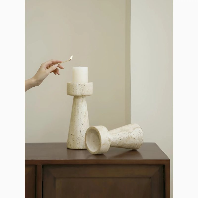 Minimalistic Beige Stone Candle Holder For Living Room