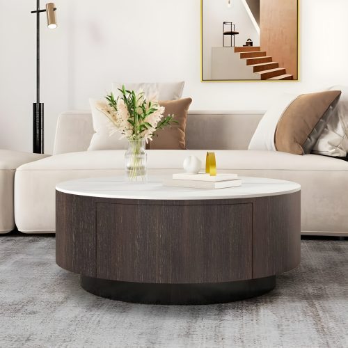 Modern Round Drum Coffee Table with Solid Wood Drawers for Bedroom