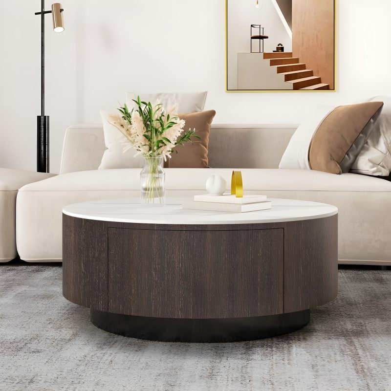 Modern Round Drum Coffee Table with Solid Wood Drawers for Bedroom