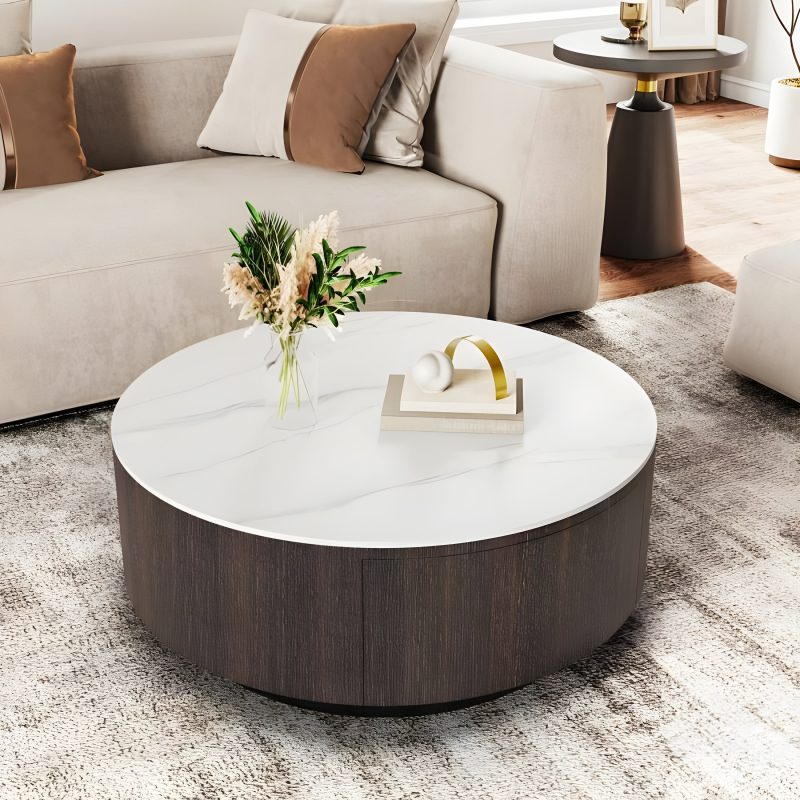 Modern Round Drum Coffee Table with Solid Wood Drawers for Living Room