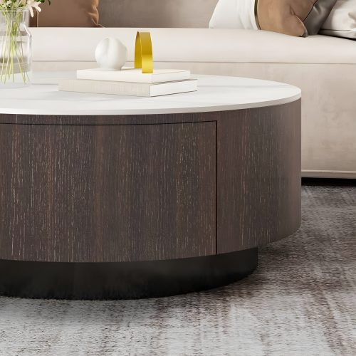 Modern Round Drum Coffee Table with Solid Wood Drawers in Detail