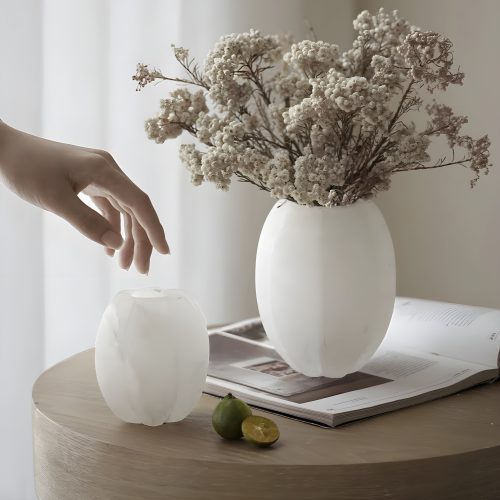 Modern White Onyx Marble Flower Vase and Candle Holder for Bedroom