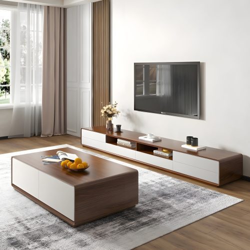 Rectangular Wooden Coffee Table with 4 Drawers and Open Shelf Storage for Living Room