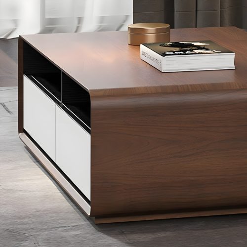 Rectangular Wooden Coffee Table with 4 Drawers and Open Shelf Storage in Detail