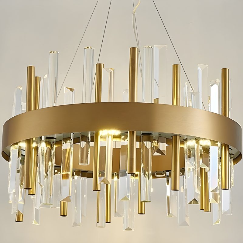 Royal Hanging Gold Titanium Copper Round Crystal Chandelier Light On