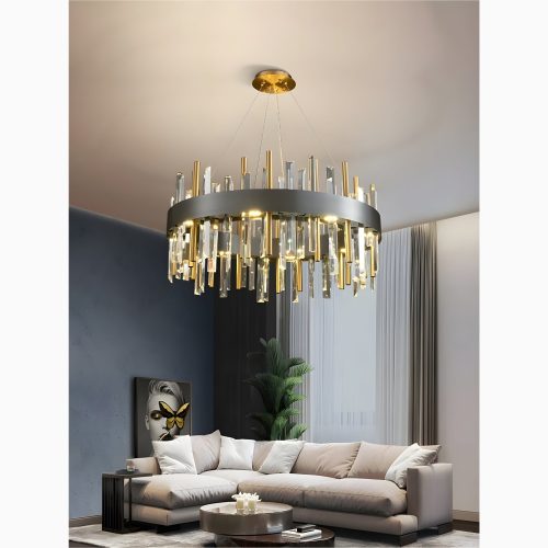 Royal Hanging Gold Titanium Copper Round Crystal Chandelier for Living Room