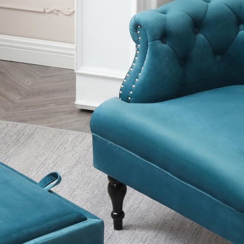 Set of Upholstered Velvet Accent Chair and Storage Ottoman Azure Details