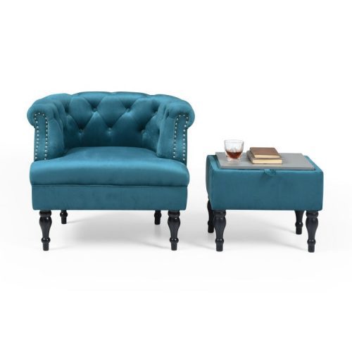 Set of Upholstered Velvet Accent Chair and Storage Ottoman Azure Front