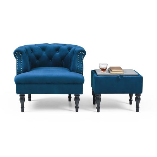 Set of Upholstered Velvet Accent Chair and Storage Ottoman Blue Front